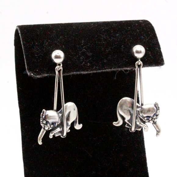 Sterling Silver Contemporary Cat Long Dangle Post Back Earrings - Picture 2 of 7